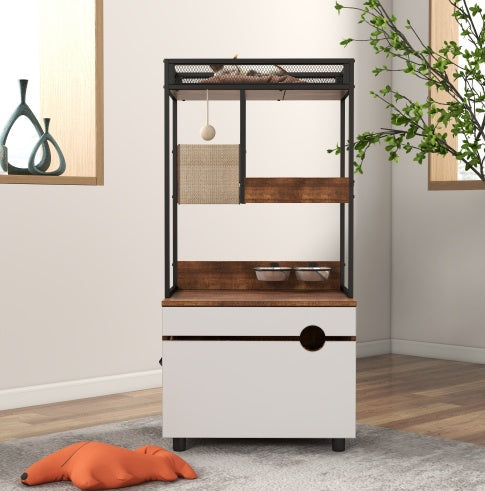 HKM-995347 Cat Litter Box Enclosure with Cat Tree Tower, American Design Furniture in White and Vintage Finish