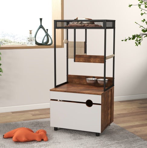 HKM-995347 Cat Litter Box Enclosure with Cat Tree Tower, American Design Furniture in White and Vintage Finish