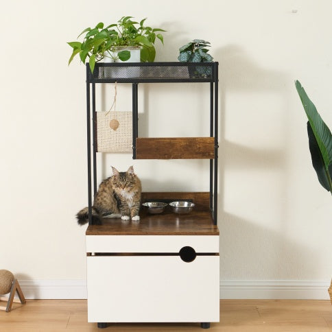 HKM-995347 Cat Litter Box Enclosure with Cat Tree Tower, American Design Furniture in White and Vintage Finish