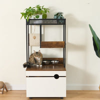 HKM-995347 Cat Litter Box Enclosure with Cat Tree Tower, American Design Furniture in White and Vintage Finish
