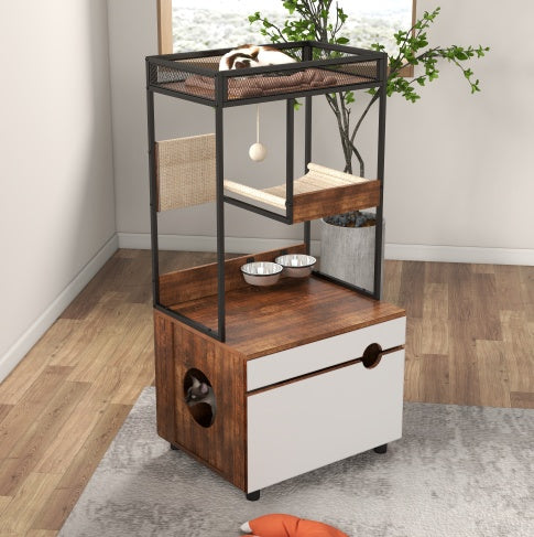 HKM-995347 Cat Litter Box Enclosure with Cat Tree Tower, American Design Furniture in White and Vintage Finish