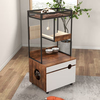 HKM-995347 Cat Litter Box Enclosure with Cat Tree Tower, American Design Furniture in White and Vintage Finish