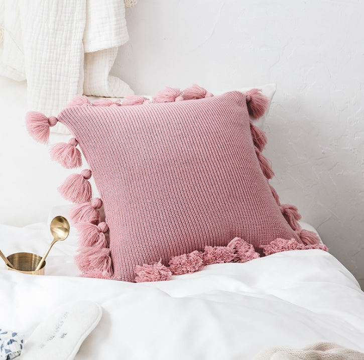 HKM-995731 Bohemian Lantern Ball Knitted Cushion Cover with Fringe - Acrylic, Soft and Cozy, 45X45CM