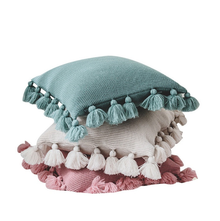 HKM-995731 Bohemian Lantern Ball Knitted Cushion Cover with Fringe - Acrylic, Soft and Cozy, 45X45CM