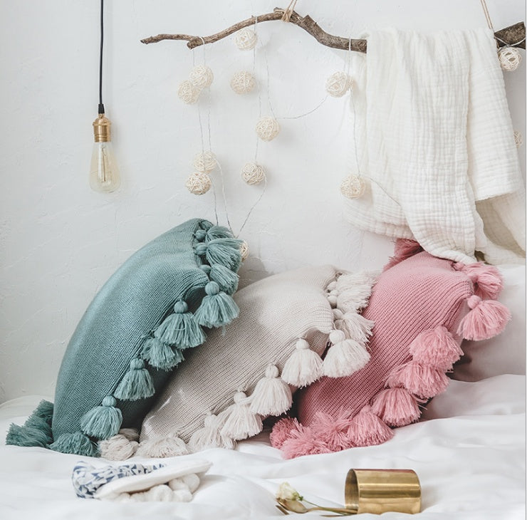HKM-995731 Bohemian Lantern Ball Knitted Cushion Cover with Fringe - Acrylic, Soft and Cozy, 45X45CM