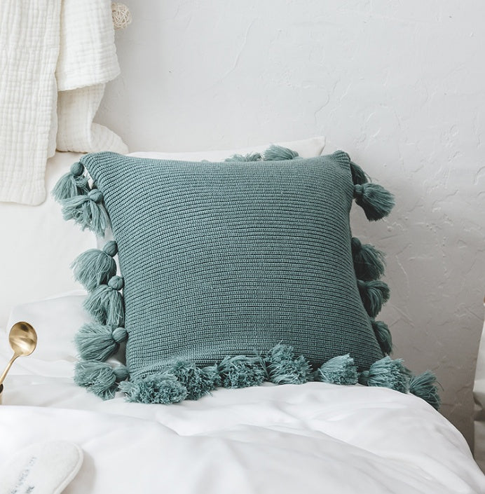 HKM-995731 Bohemian Lantern Ball Knitted Cushion Cover with Fringe - Acrylic, Soft and Cozy, 45X45CM