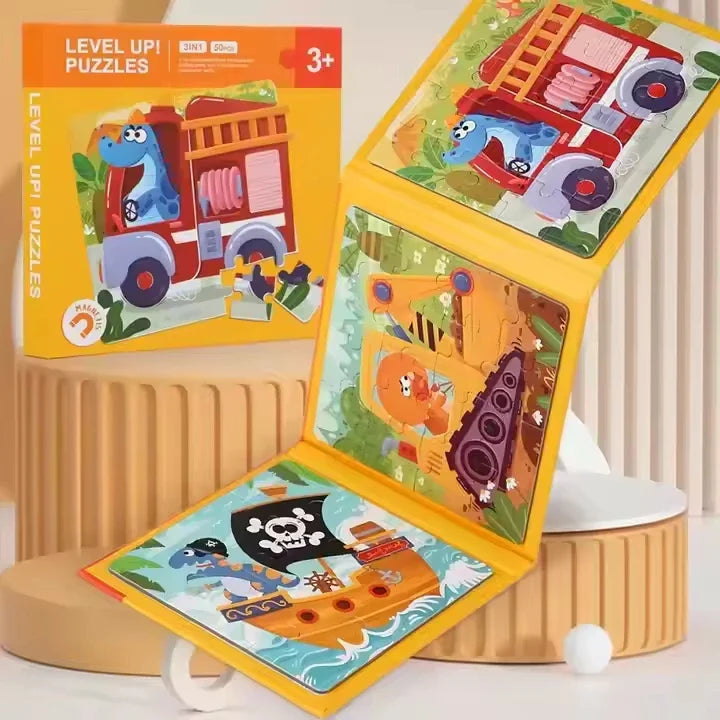 HKM-995923 Magnetic Foldable Puzzle Book with Cartoon Animal and Transportation Themes for Kids Age 2-7