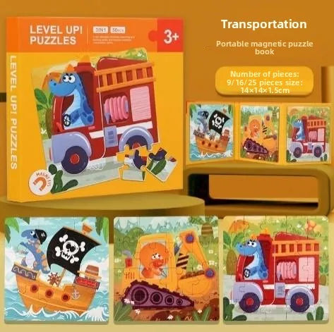 HKM-995923 Magnetic Foldable Puzzle Book with Cartoon Animal and Transportation Themes for Kids Age 2-7