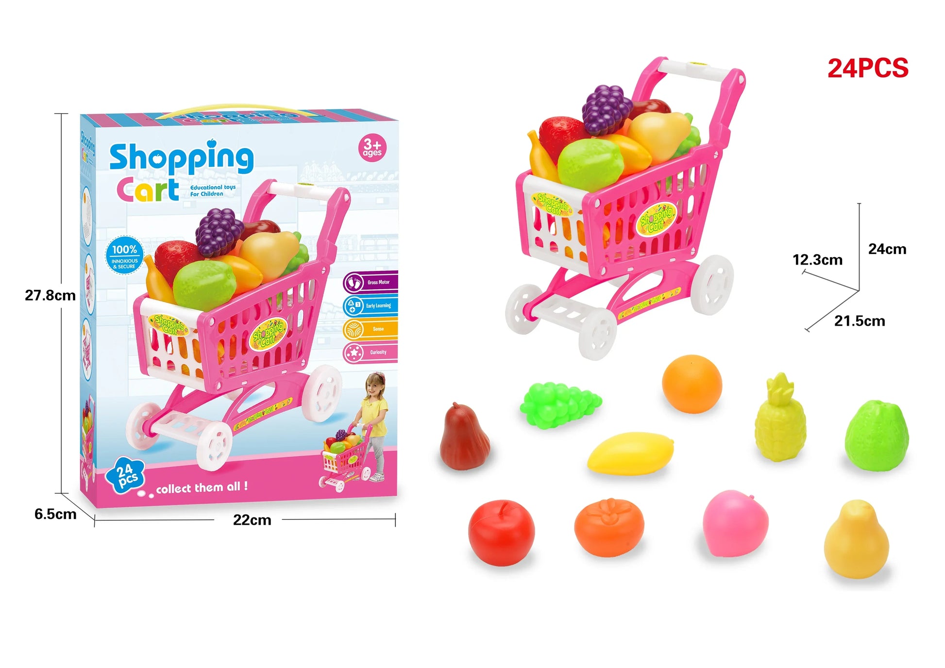 HKM-996179 Kids Supermarket Shopping Cart Playset with 24 Fruit Accessories
