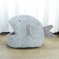 HKM-996307 Semi-Enclosed Fish-Shaped Cartoon Cat and Small Dog Bed in Gray and Red Velvet