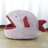 HKM-996307 Semi-Enclosed Fish-Shaped Cartoon Cat and Small Dog Bed in Gray and Red Velvet