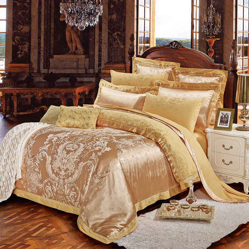 HKM-996499 Luxurious Four-Piece Satin Jacquard Bedding Set with Embroidered Floral Design for 1.8m Beds
