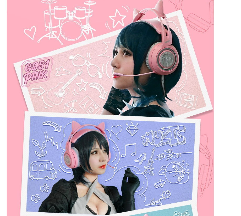 HKM-996563 USB 7.1 Virtual Surround Sound Gaming Headset with LED Cat Ears and Omnidirectional Microphone