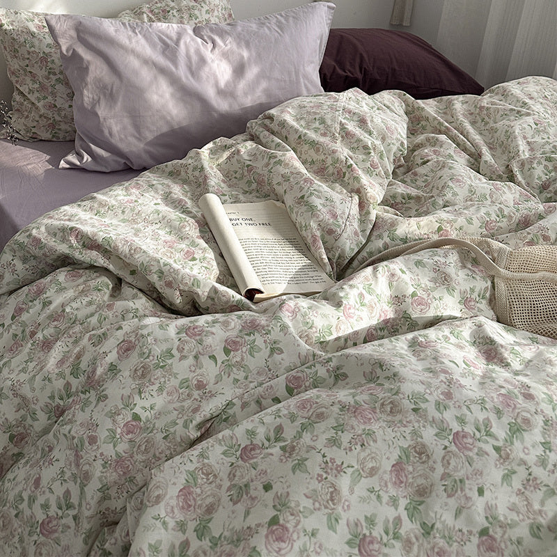 HKM-996819 Floral Cotton Summer Bedding Set - 4-Piece Quilt Cover and Pillowcase Collection