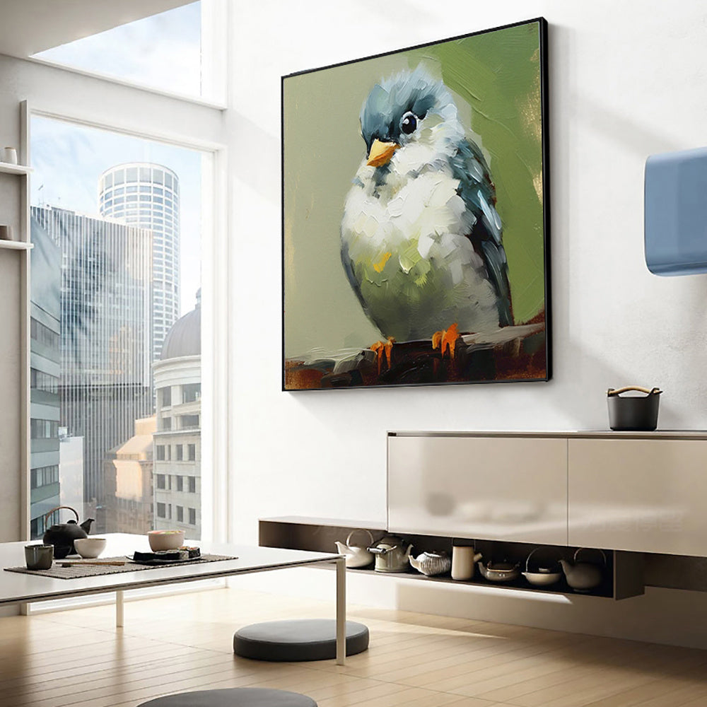 HKM-997587 Hand Painted Kawaii Bird Oil Canvas Art for Living Room and Children's Decor