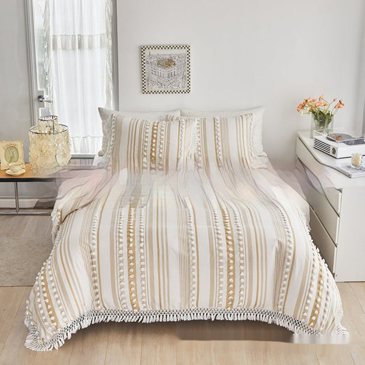 HKM-997651 Tassel Dot Solid Color Three-Piece Bedding Set - Multiple Sizes Available