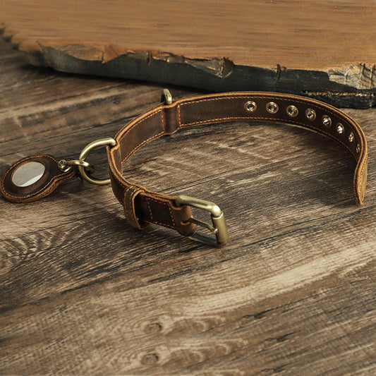 HKM-997843 Retro Double-Sided Cowhide Dog Collar - Handmade, Anti-Lost Tracking with Lanyard