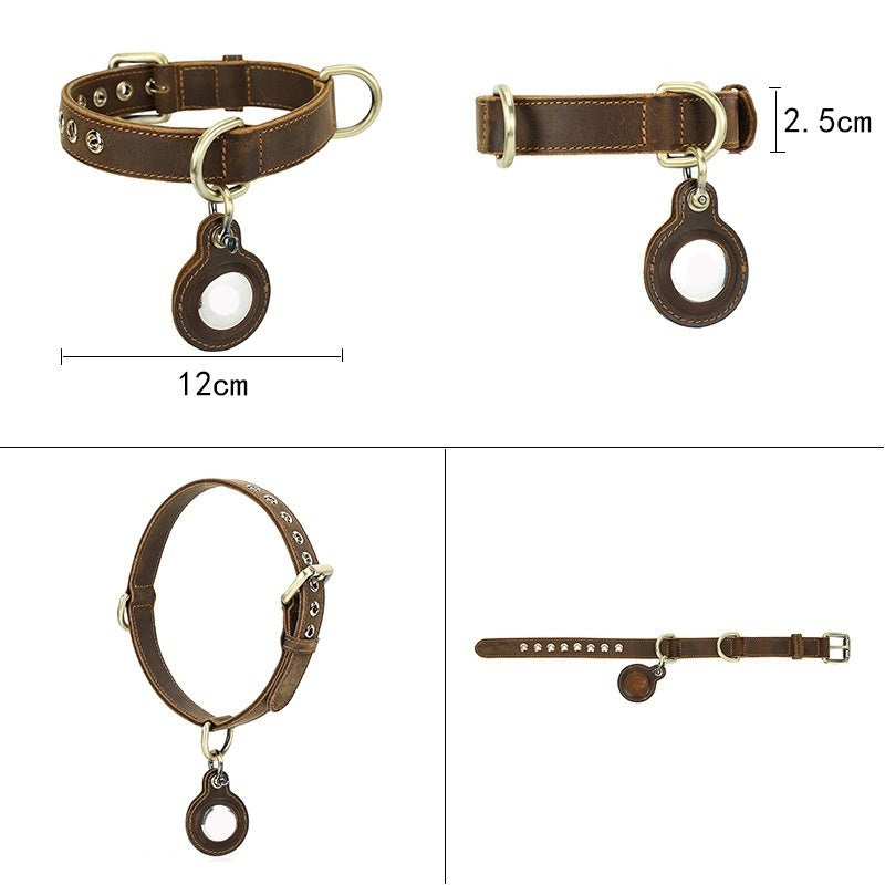 HKM-997843 Retro Double-Sided Cowhide Dog Collar - Handmade, Anti-Lost Tracking with Lanyard
