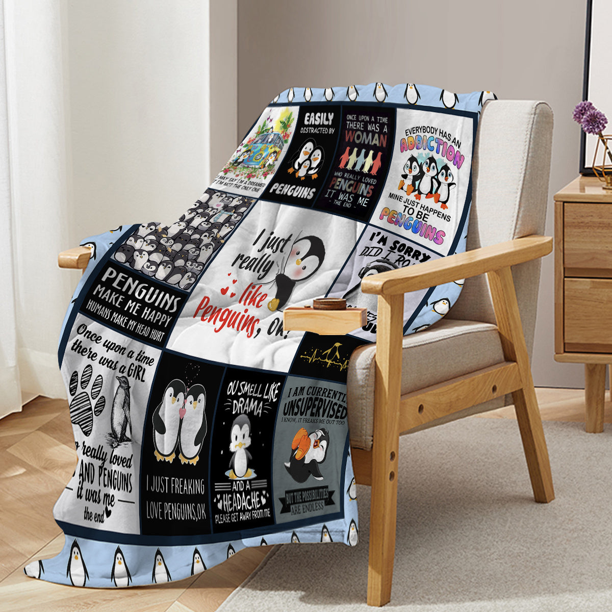 HKM-998483 Soft Flannel Penguin Pattern Throw Blanket for Indoor and Outdoor Use, Various Sizes Available