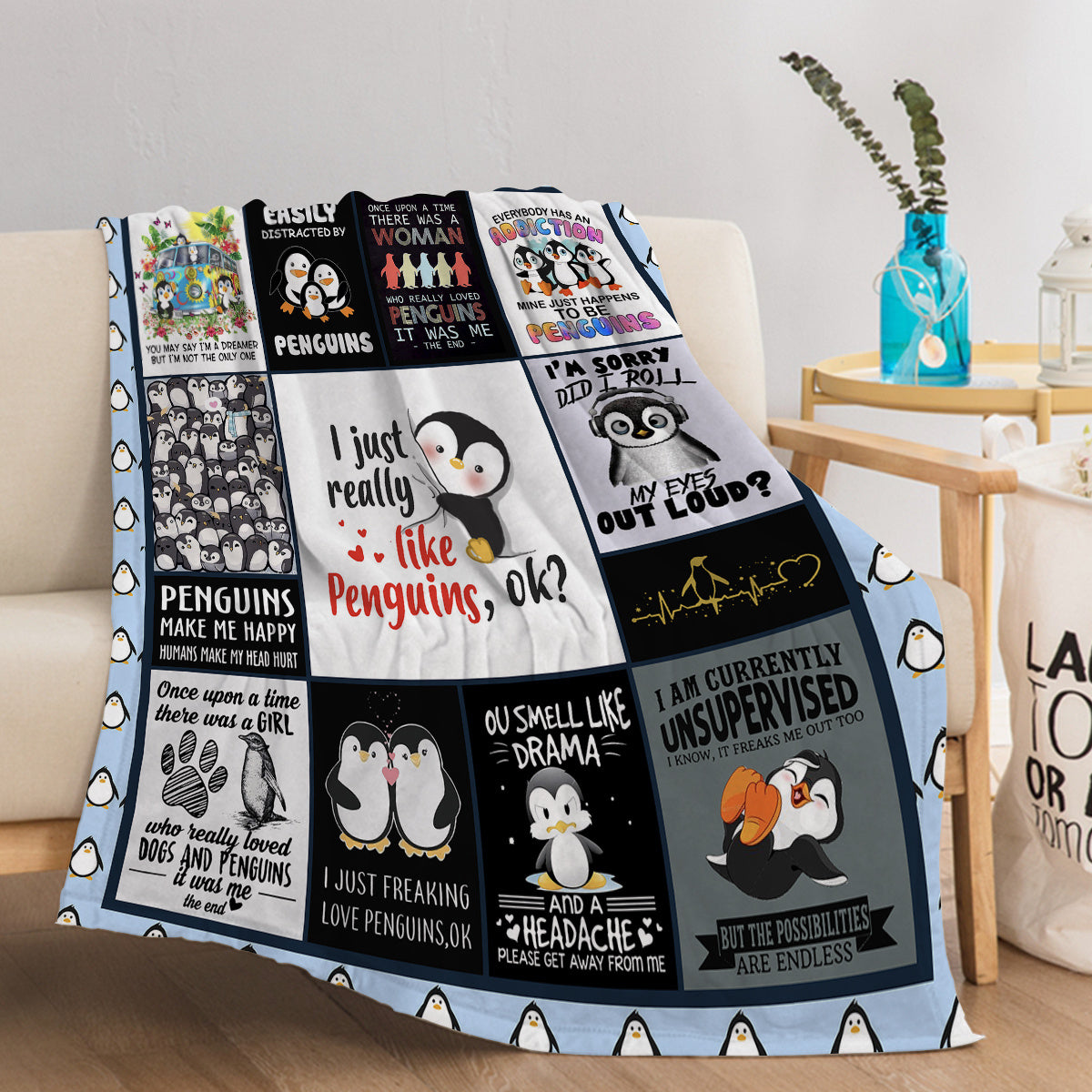 HKM-998483 Soft Flannel Penguin Pattern Throw Blanket for Indoor and Outdoor Use, Various Sizes Available