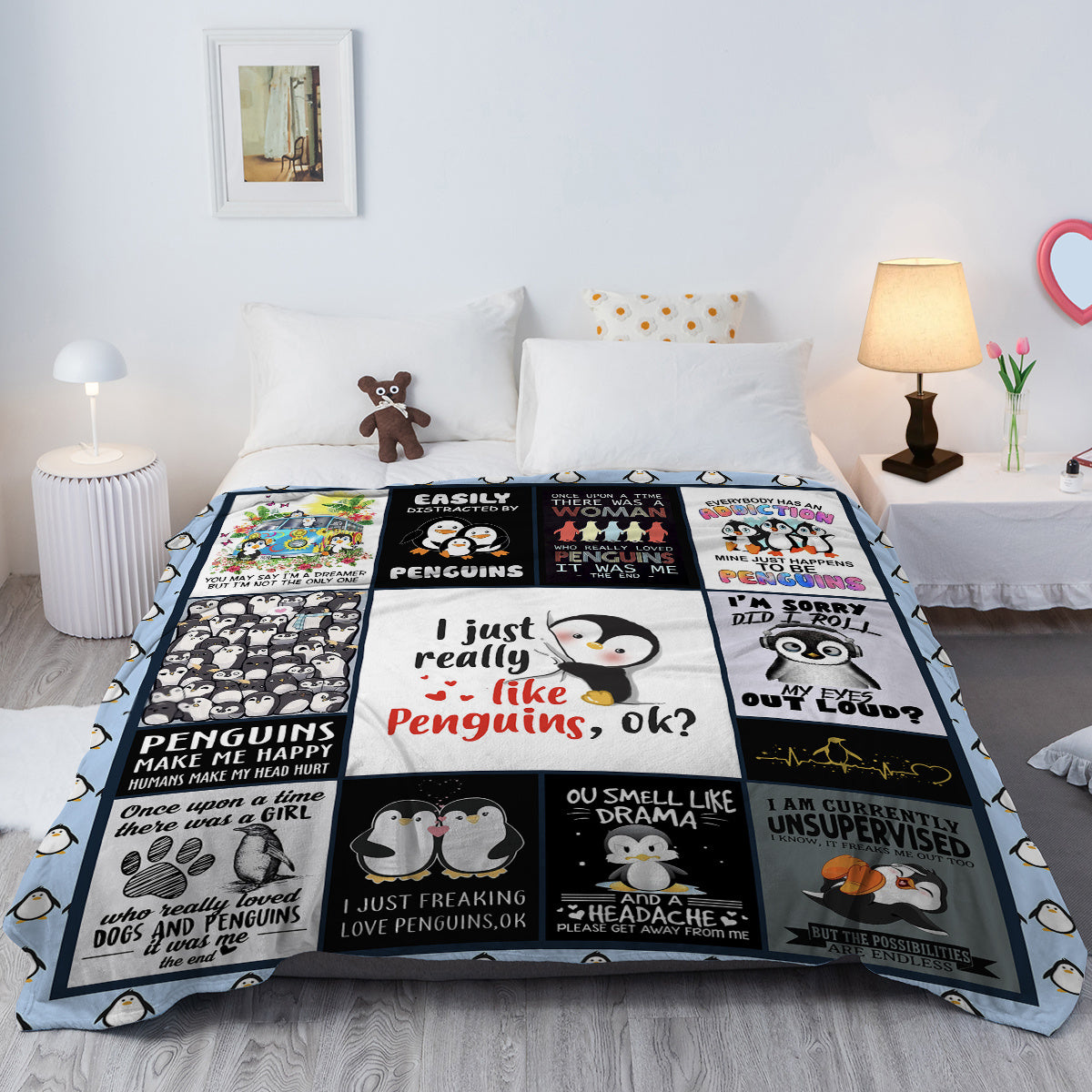 HKM-998483 Soft Flannel Penguin Pattern Throw Blanket for Indoor and Outdoor Use, Various Sizes Available