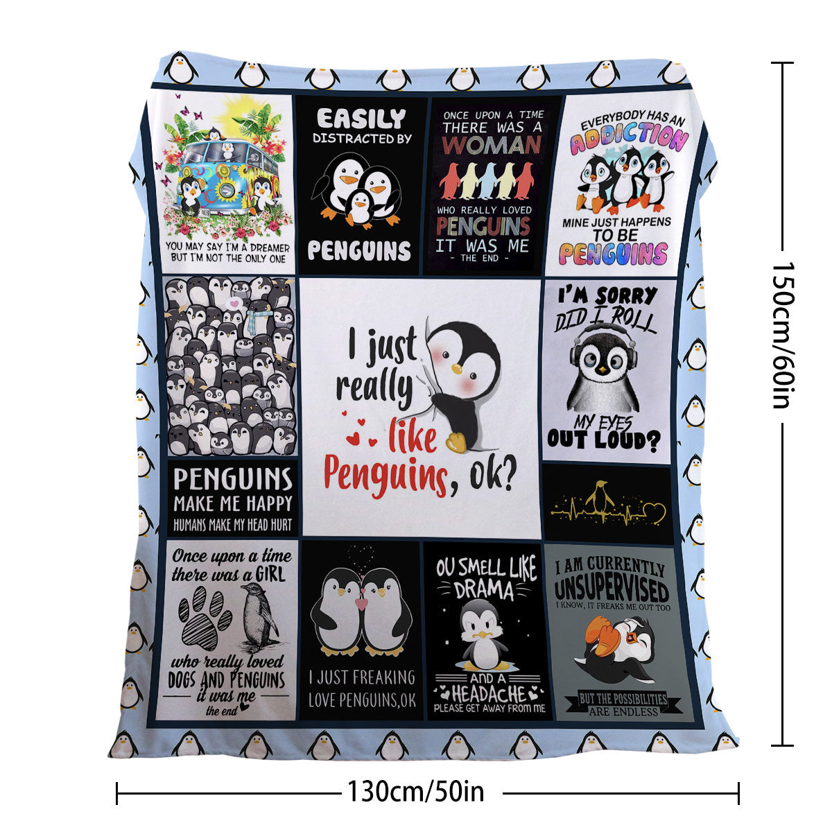 HKM-998483 Soft Flannel Penguin Pattern Throw Blanket for Indoor and Outdoor Use, Various Sizes Available