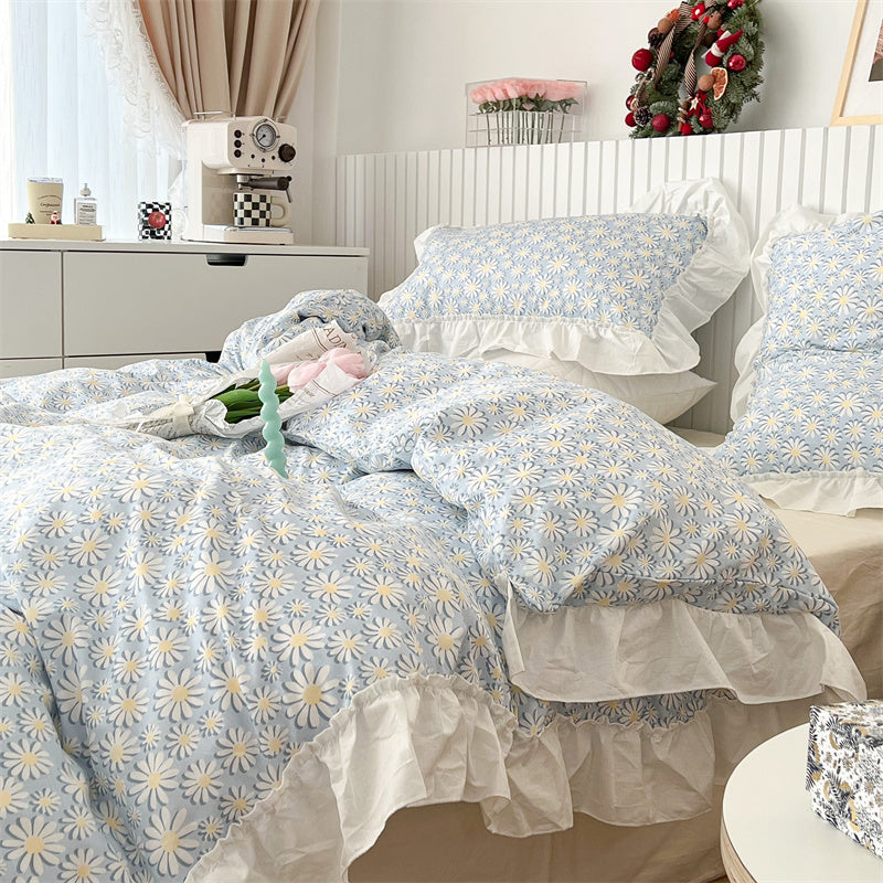HKM-998803 French Blue Rose Cotton 4-Piece Lace Twill Bedding Set for Various Bed Sizes