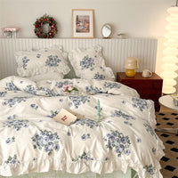 HKM-998803 French Blue Rose Cotton 4-Piece Lace Twill Bedding Set for Various Bed Sizes