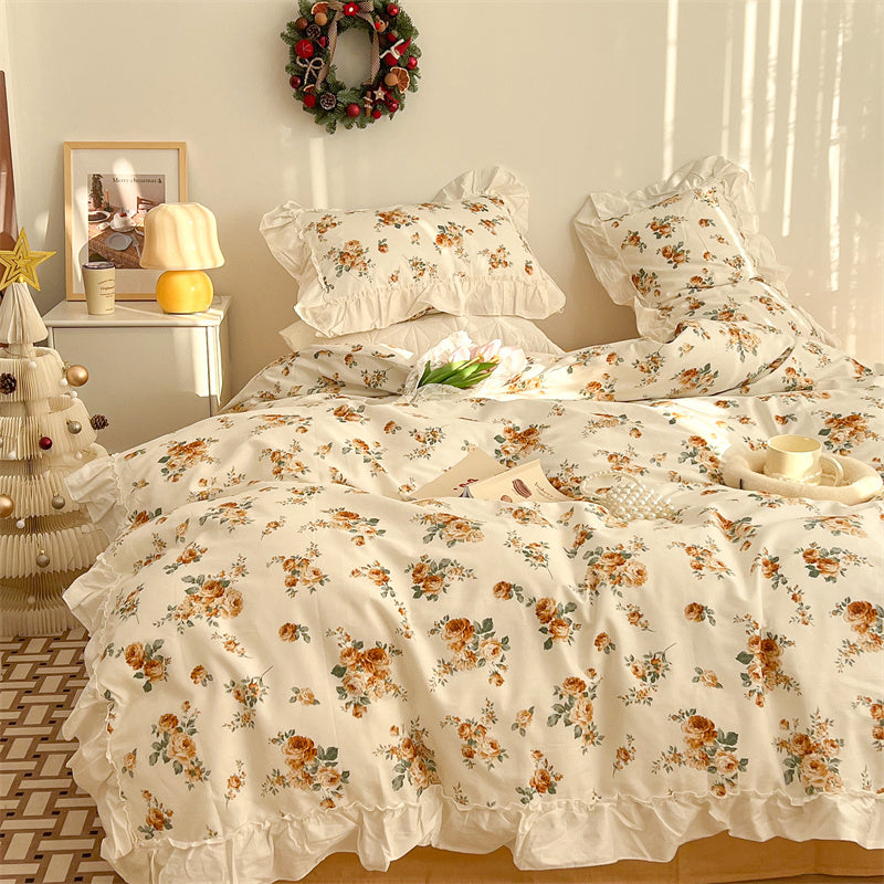 HKM-998803 French Blue Rose Cotton 4-Piece Lace Twill Bedding Set for Various Bed Sizes