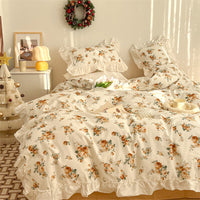 HKM-998803 French Blue Rose Cotton 4-Piece Lace Twill Bedding Set for Various Bed Sizes