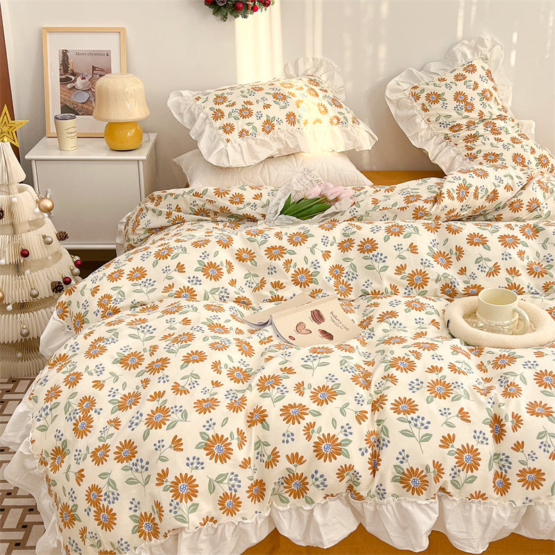 HKM-998803 French Blue Rose Cotton 4-Piece Lace Twill Bedding Set for Various Bed Sizes