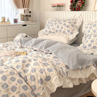 HKM-998803 French Blue Rose Cotton 4-Piece Lace Twill Bedding Set for Various Bed Sizes