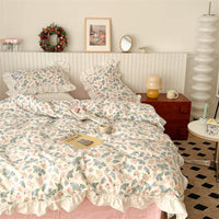 HKM-998803 French Blue Rose Cotton 4-Piece Lace Twill Bedding Set for Various Bed Sizes