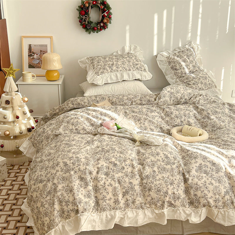 HKM-998803 French Blue Rose Cotton 4-Piece Lace Twill Bedding Set for Various Bed Sizes