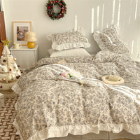 HKM-998803 French Blue Rose Cotton 4-Piece Lace Twill Bedding Set for Various Bed Sizes