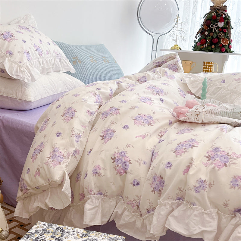 HKM-998803 French Blue Rose Cotton 4-Piece Lace Twill Bedding Set for Various Bed Sizes