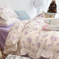 HKM-998803 French Blue Rose Cotton 4-Piece Lace Twill Bedding Set for Various Bed Sizes