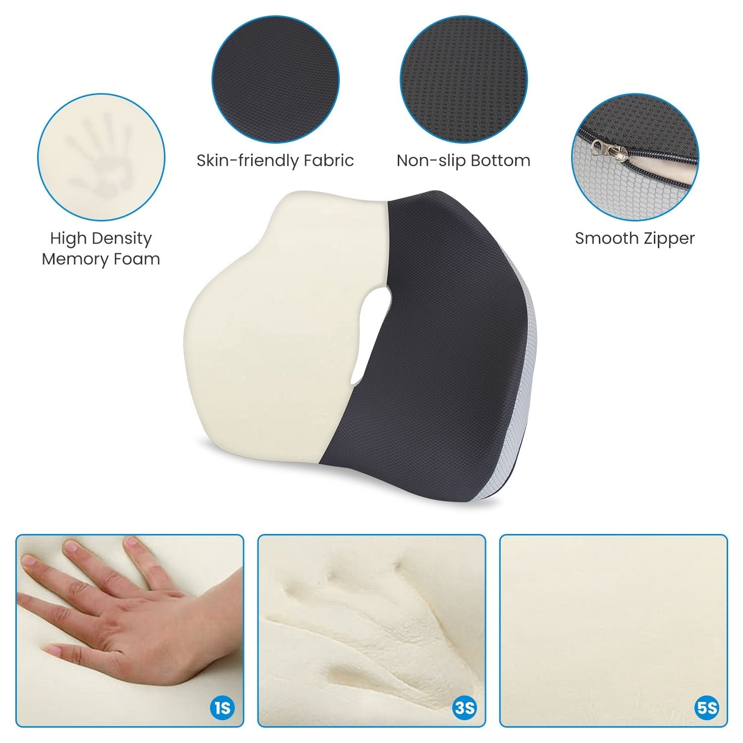 HKM-999187 Memory Foam Seat Cushion for Sciatica Pain Relief - Ergonomic, Non-Slip, Machine Washable Cover - Ideal for Home, Office, Car, Wheelchair, Airplane