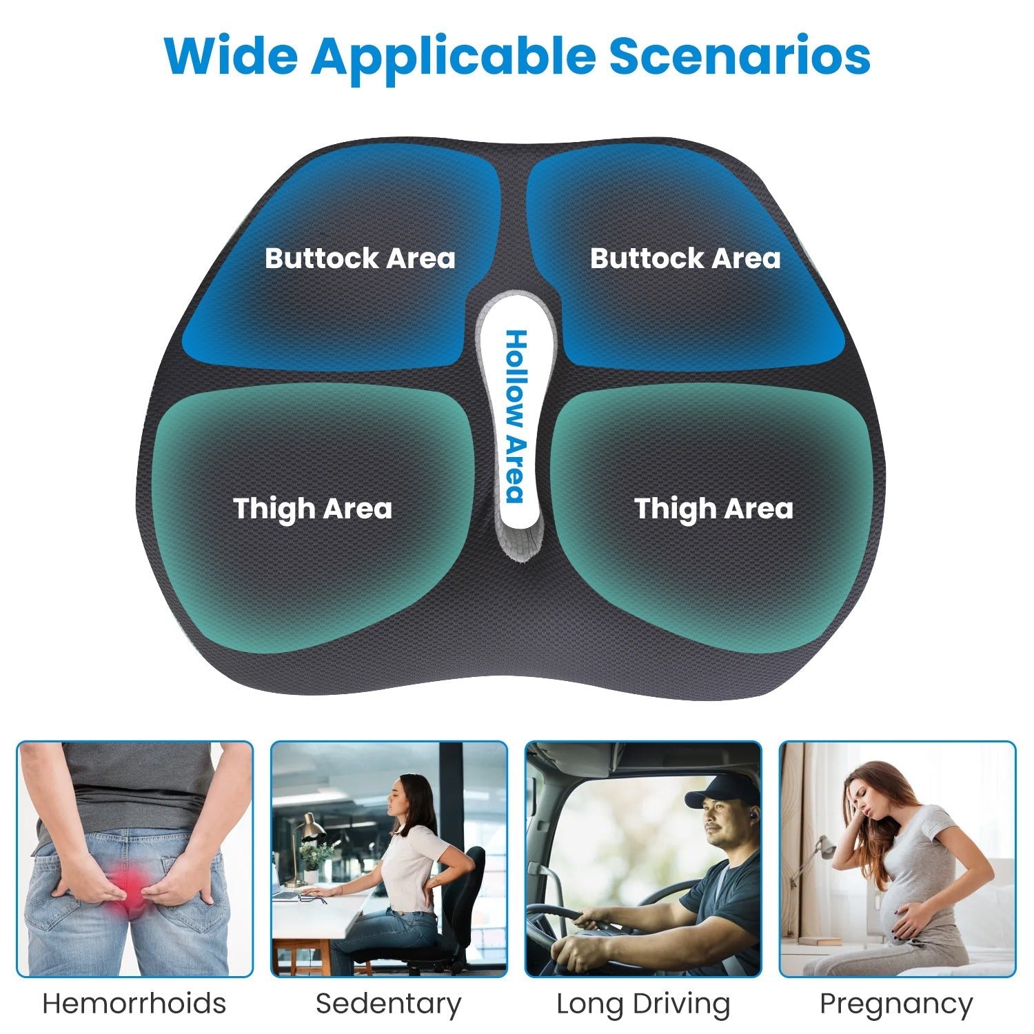 HKM-999187 Memory Foam Seat Cushion for Sciatica Pain Relief - Ergonomic, Non-Slip, Machine Washable Cover - Ideal for Home, Office, Car, Wheelchair, Airplane