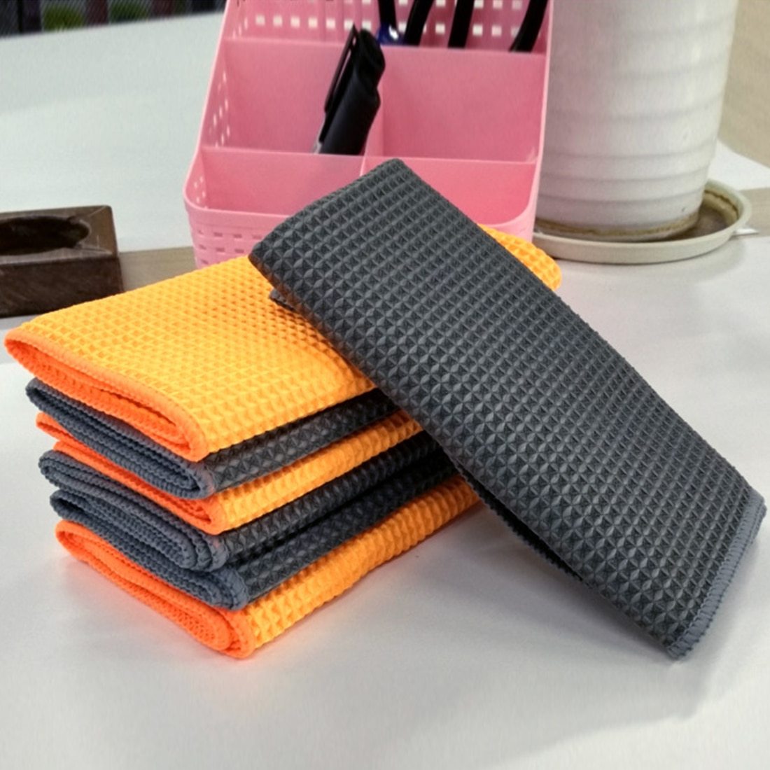 HKM-999379 Microfiber Car Wash Towel - Ultra Absorbent Wafer Style, Soft and Scratch-Free, 40x40cm, Orange/Gray