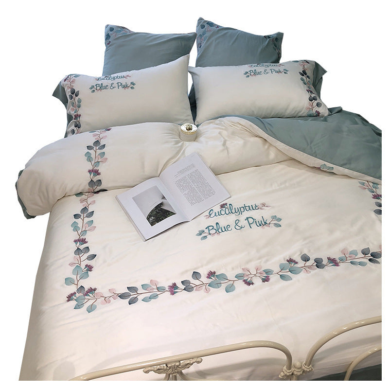 HKM-999571 Silky Soft Embroidered Quilt Bedding Set with Floral and Plant Patterns, Available in Multiple Sizes