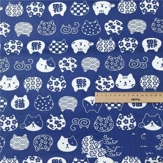 HKM-999635 Blue Bottom Japanese Style Cotton Twill Fabric - Shiba Inu and Cat Design for Bedding, Bags, and More