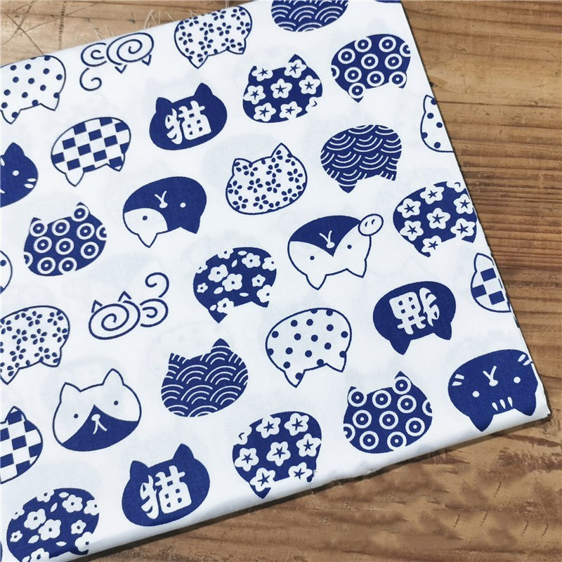 HKM-999635 Blue Bottom Japanese Style Cotton Twill Fabric - Shiba Inu and Cat Design for Bedding, Bags, and More
