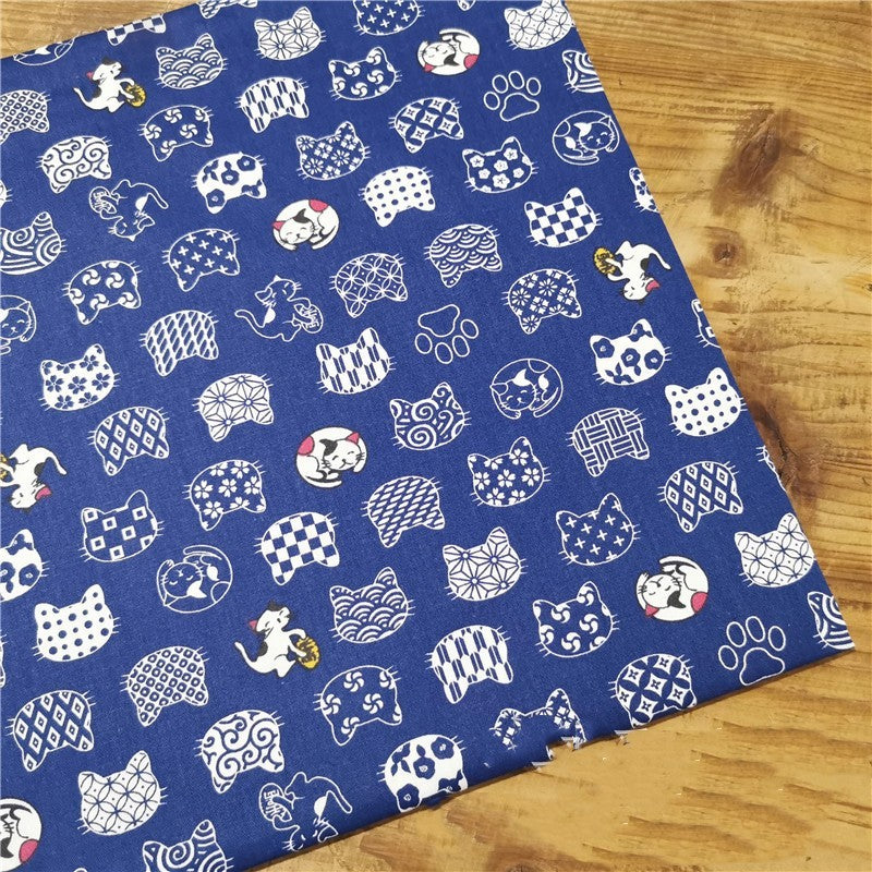 HKM-999635 Blue Bottom Japanese Style Cotton Twill Fabric - Shiba Inu and Cat Design for Bedding, Bags, and More