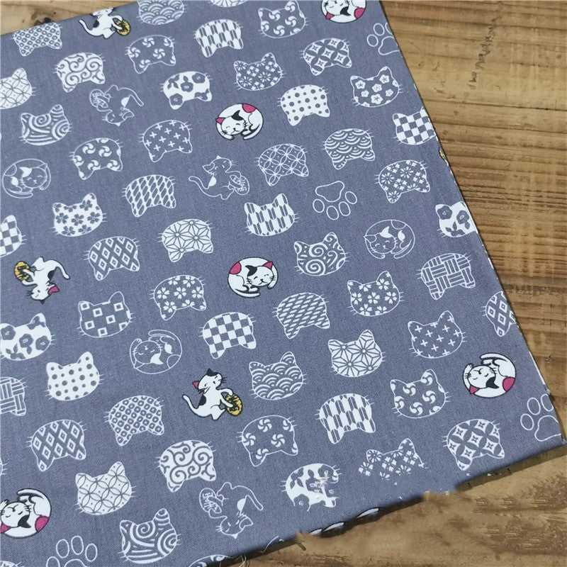 HKM-999635 Blue Bottom Japanese Style Cotton Twill Fabric - Shiba Inu and Cat Design for Bedding, Bags, and More