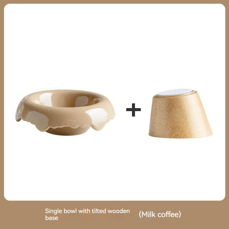 HKM-999827 Ceramic Cat Food Bowl with Wooden Base – Various Colors Available (250ml)