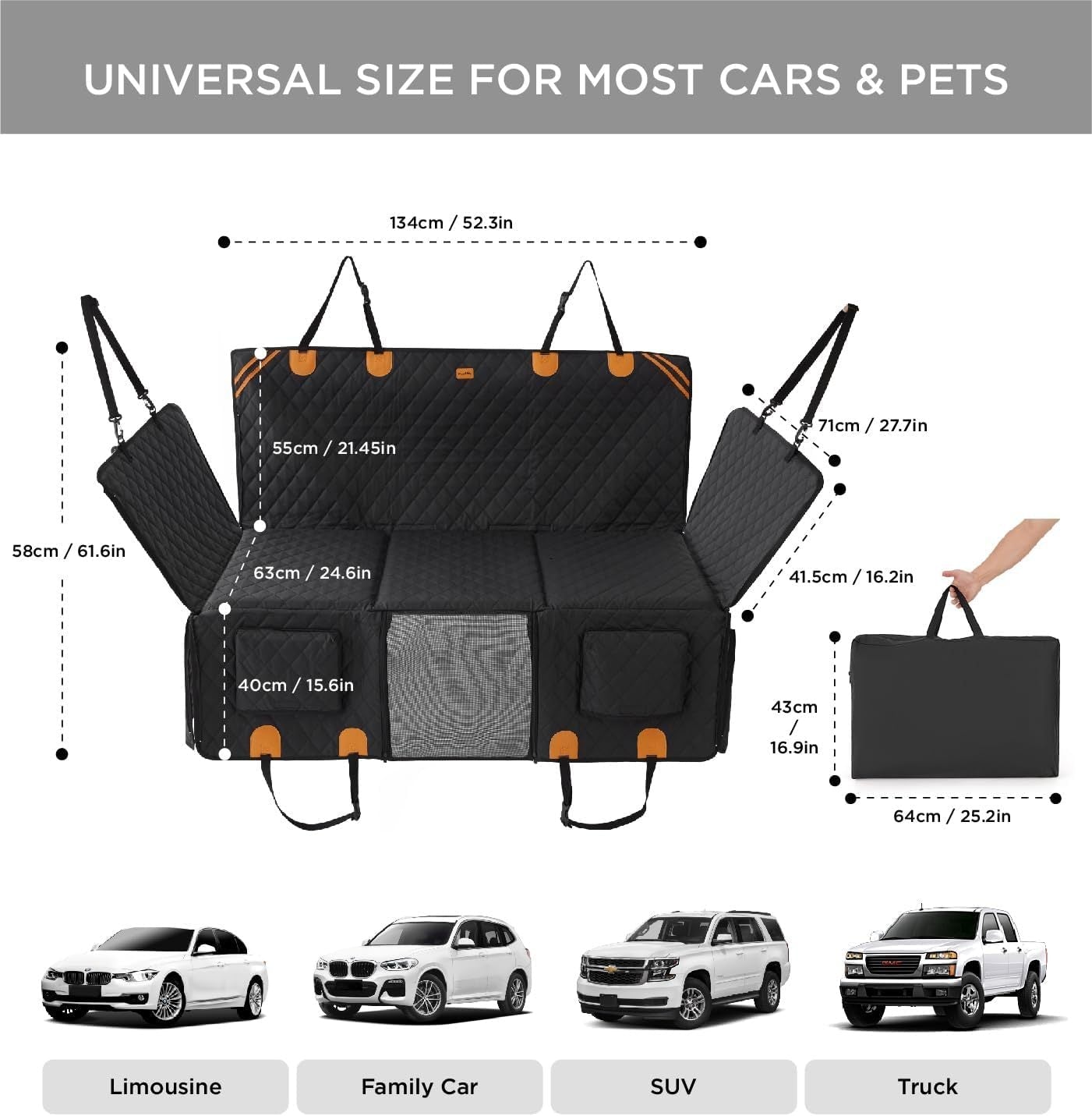 HKM-999827 Waterproof Dog Car Back Seat Cover with Extra Space, Non-Slip Design and Easy Installation