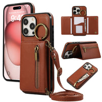 HKM-999891 Iphone 16 Crossbody Tri-fold Mobile Phone Case with Card Holder and Zipper Closure