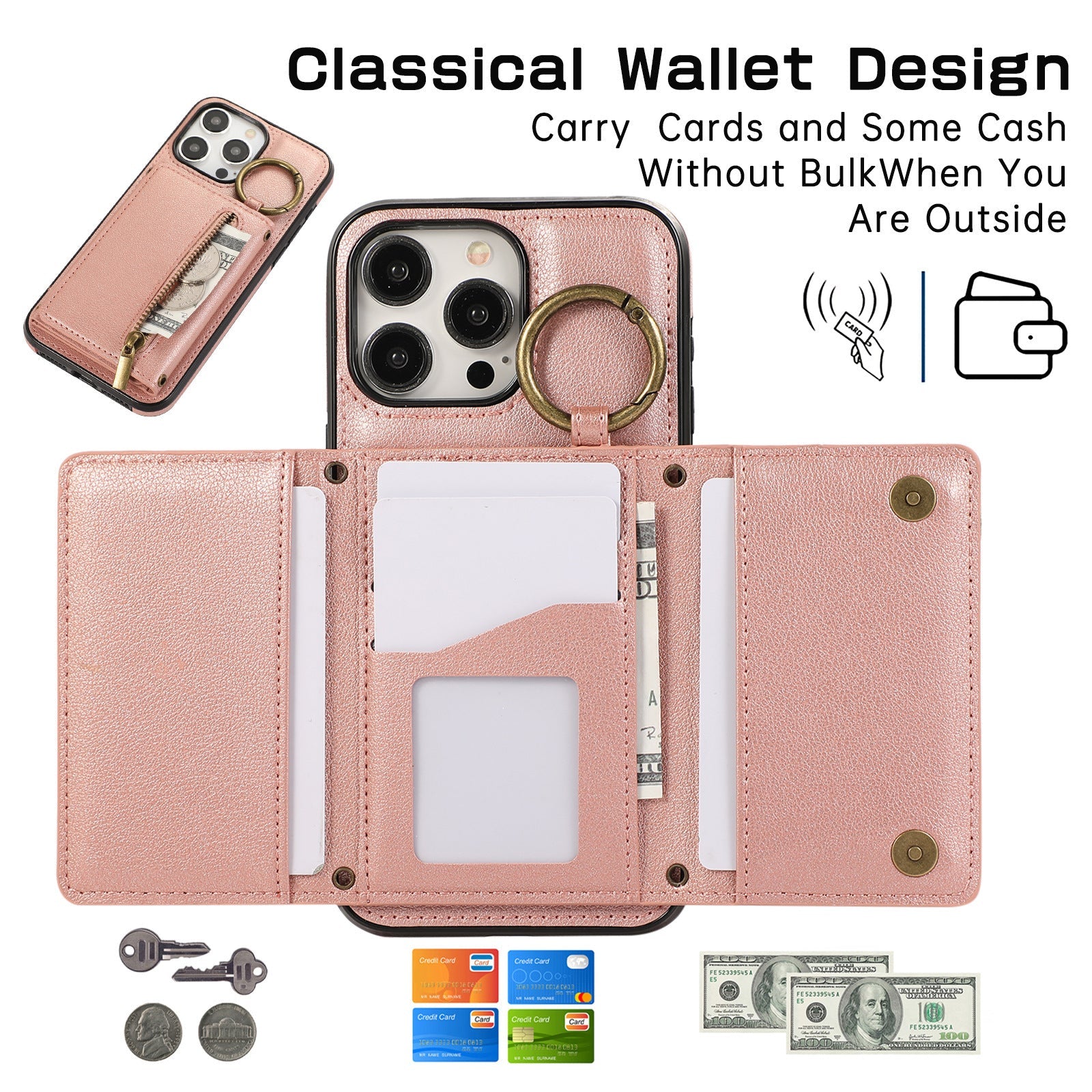 HKM-999891 Iphone 16 Crossbody Tri-fold Mobile Phone Case with Card Holder and Zipper Closure