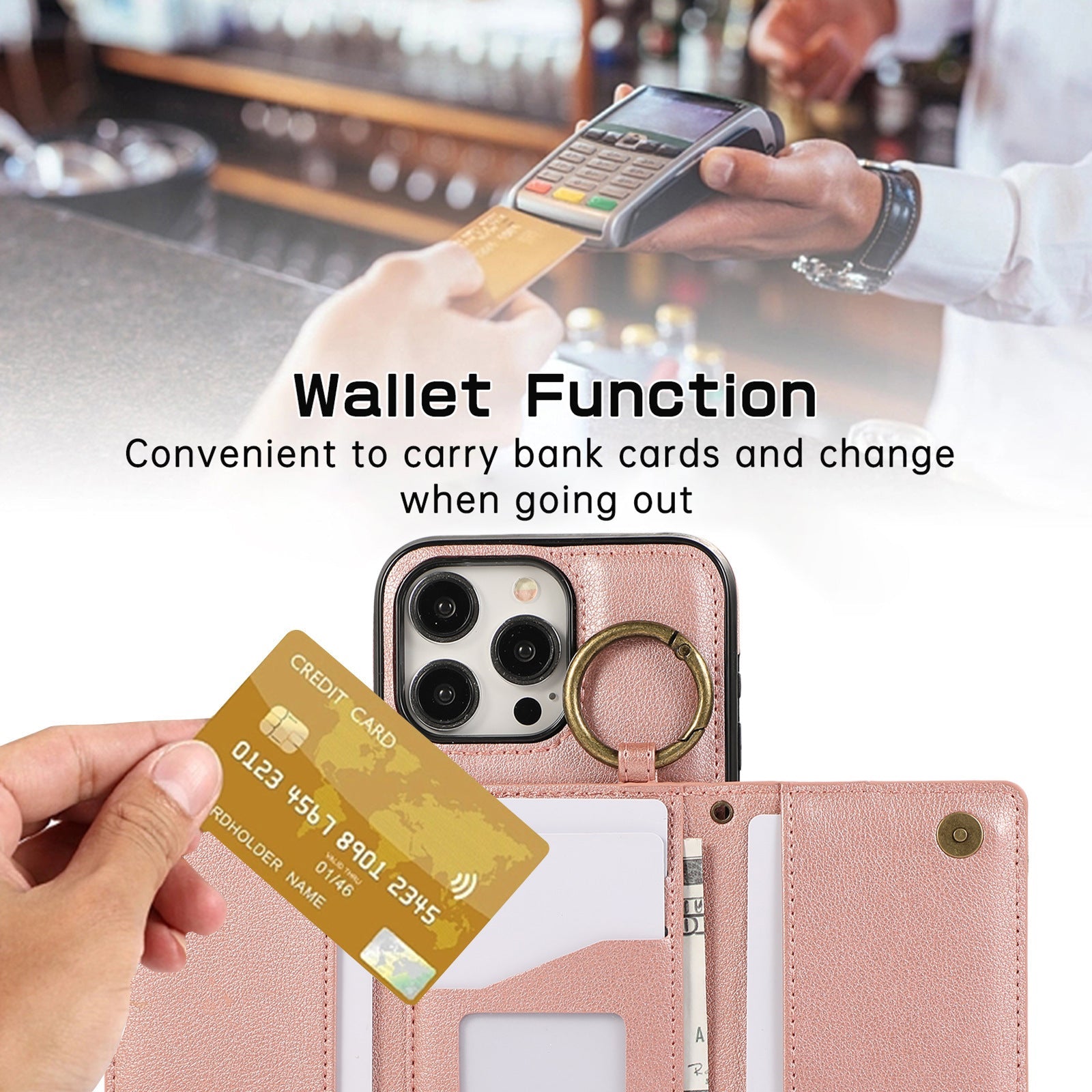 HKM-999891 Iphone 16 Crossbody Tri-fold Mobile Phone Case with Card Holder and Zipper Closure